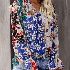 Women's Boho Print Long Sleeve V Neck Flowy Shirt